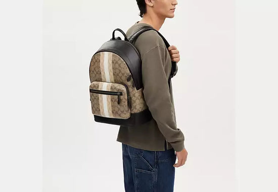 Coach West Men Backpack In Blocked Signature With Varsity Stripe In Khaki Multi