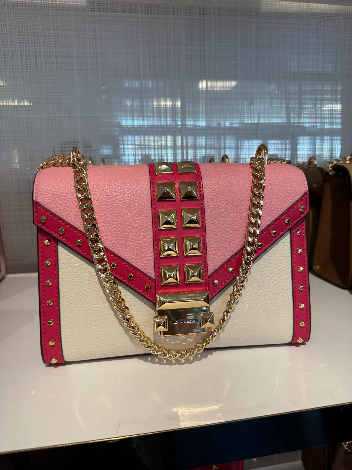 Michael Kors Whitney Studded Tri-Color Leather Flap Chain Shoulder In Pink Multi (Pre-Order)
