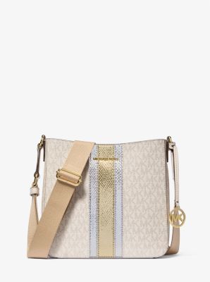 Michael Kors NS Small File Crossbody In Monogram Pale Gold With Stripe (Pre-Order)