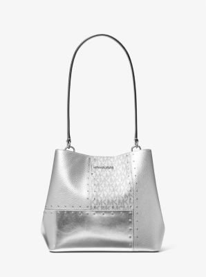 Michael Kors Pratt Medium Studded Metallic Patchwork and Signature Logo Shoulder Bag In Silver (Pre-Order)