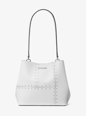 Michael Kors Pratt Medium Studded Patchwork and Signature Logo Shoulder Bag In Optic White (Pre-Order)