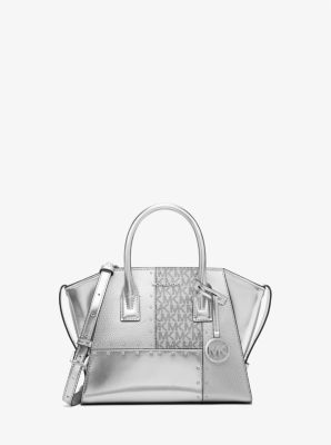 Michael Kors Avril Small Metallic Studded Patchwork and Signature Logo Satchel In Silver (Pre-Order)