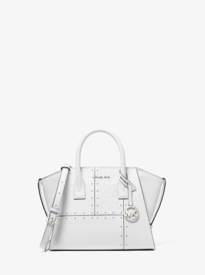 Michael Kors Avril Small Studded Patchwork and Signature Logo Satchel In Optic White (Pre-Order)