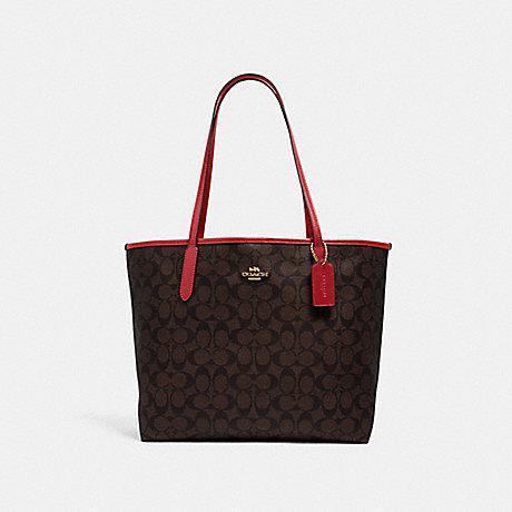 Coach Open City Tote In Signature Brown Red