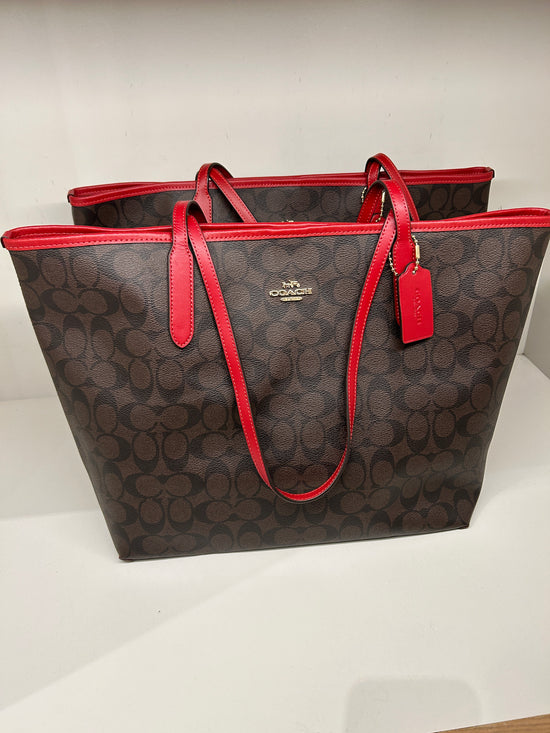Coach Open City Tote In Signature Brown Red
