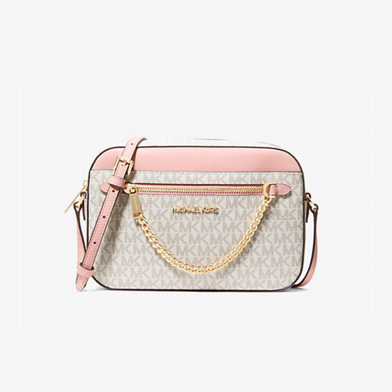 Michael Kors Large Ew Zip Chain Crossbody In Monogram Powder Blush