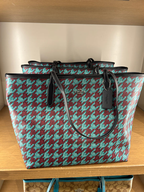 Coach Open City Tote With Houndstooth Print In Teal Wine