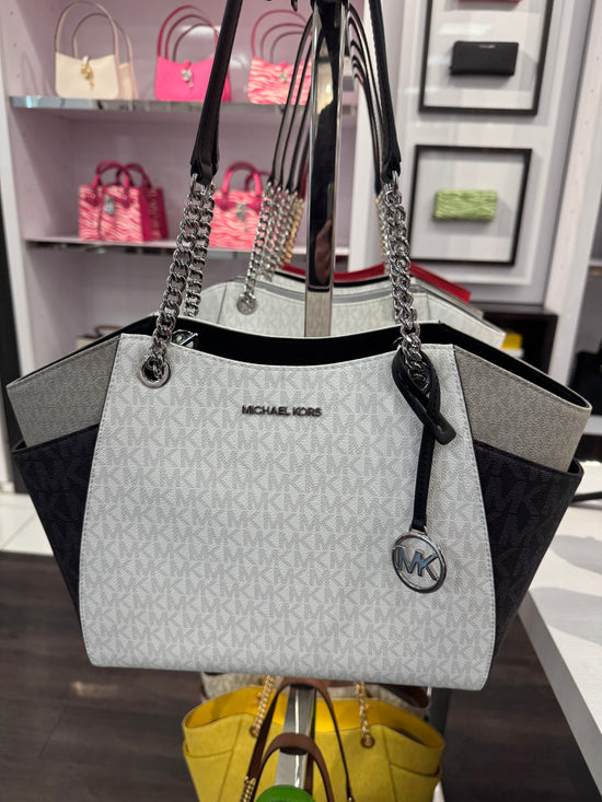 Michael Kors Jet Set Large Chain Shoulder Tote Bag In Colorblock Monogram Optic White (Pre-Order)