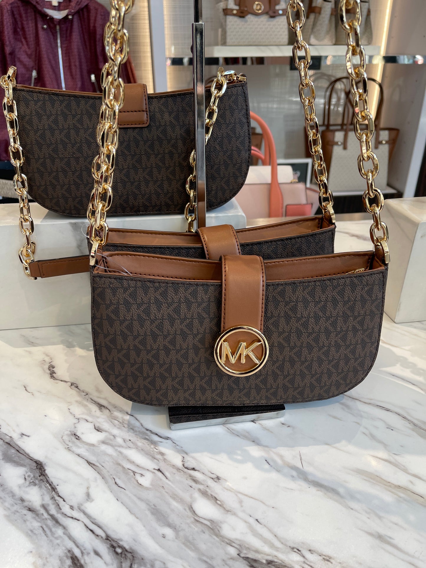 Load image into Gallery viewer, Michael Kors Carmen Extra Small Shoulder Bag In Monogram Brown
