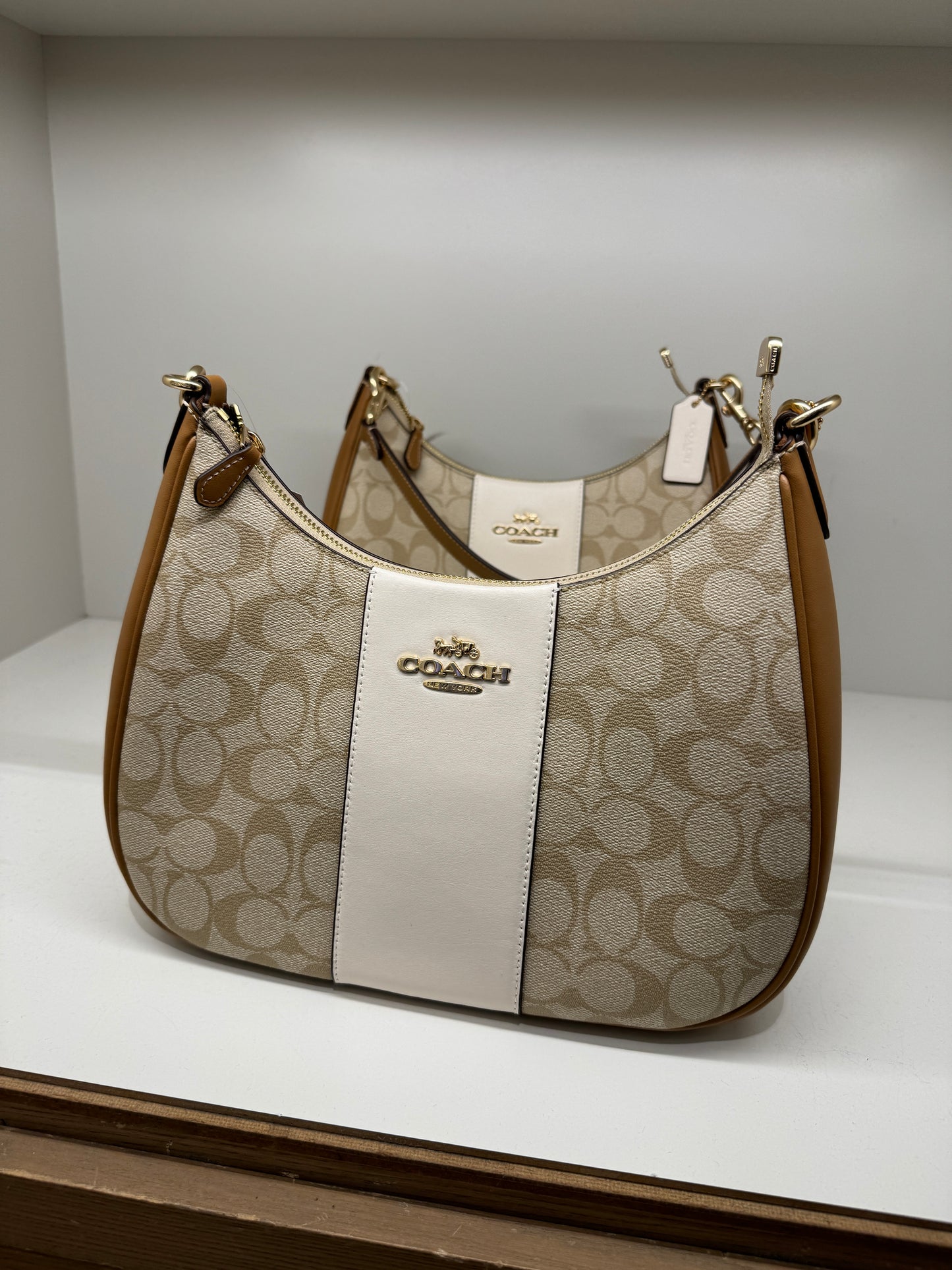 Coach Teri Hobo In Signature Canvas With Stripe In Chalk Lt Saddle (Pre-Order)