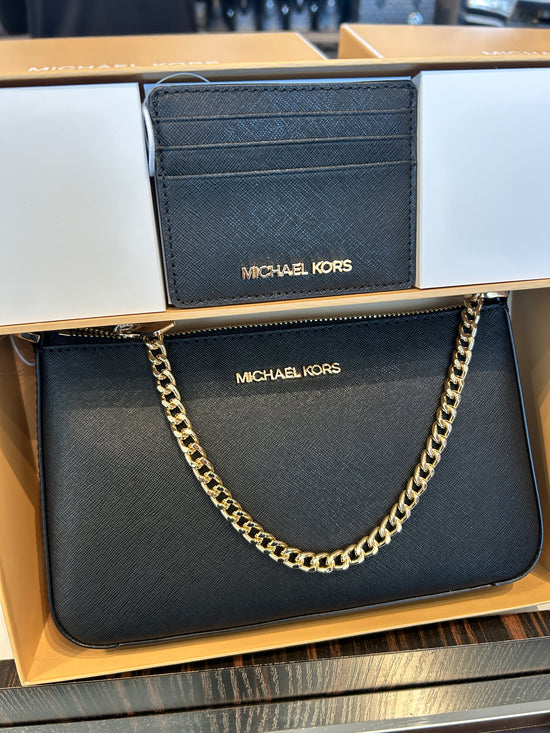 Michael Kors Giftable Boxed Items Set Pochette Crossbody Bag + Card Wallet In Black (Pre-order)