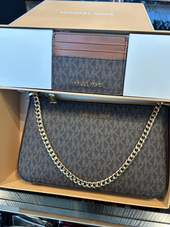 Load image into Gallery viewer, Michael Kors Giftable Boxed Items Set Pochette Crossbody Bag + Card Wallet In Monogram Brown (Pre-order)
