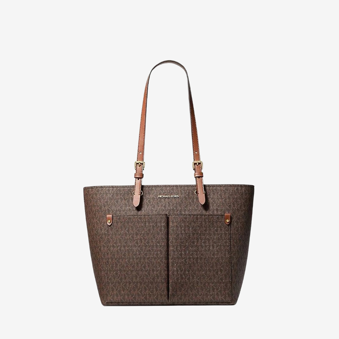 Michael Kors Medium Double Pocket Tote In Monogram Brown