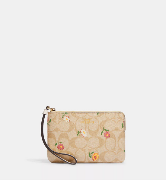 Load image into Gallery viewer, Corner Zip Wristlet In Signature Canvas With Nostalgic Ditsy Print (Pre-Order)
