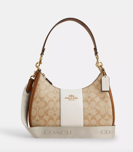 Coach Teri Hobo In Signature Canvas With Stripe In Chalk Lt Saddle (Pre-Order)