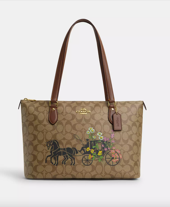 Coach Gallery Tote Bag In Signature Canvas With Floral Horse And Carriage Khaki Multi