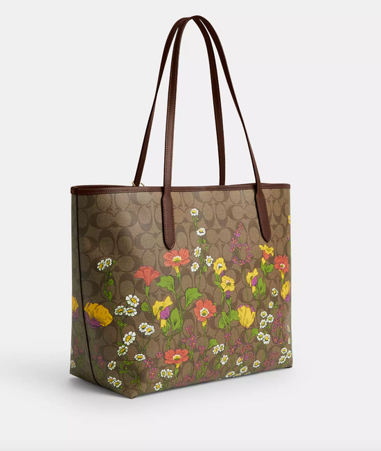 Coach City Tote Bag In Signature Canvas With Floral Print Khaki Multi (Pre-Order)