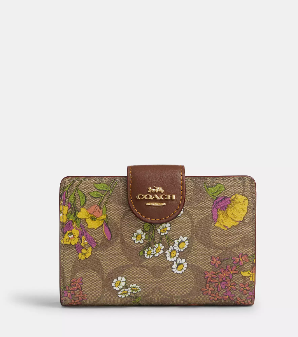 Coach Medium Corner Zip Wallet In Signature Canvas With Floral Print Khaki Multi (Pre-Order)