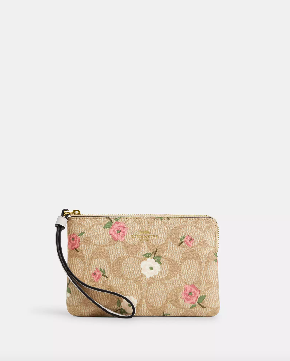 Coach Corner Zip Wristlet In Signature Canvas With Floral Print Light Khaki Chalk Multi (Pre-Order)