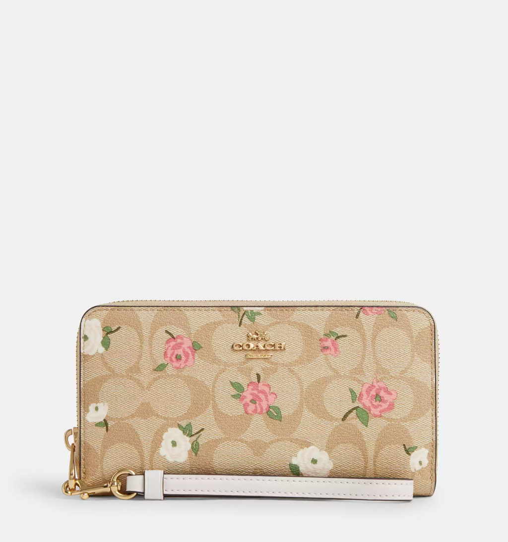 Coach Long Zip Around Wallet In Signature Canvas With Floral Print Light Khaki Chalk Multi (Pre-Order)