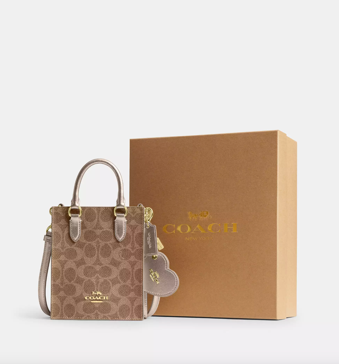 Coach Boxed Mini Tote Bag And Mirror Bag Charm Set In Signature Gold Tan Light Champagne (Pre-Order)