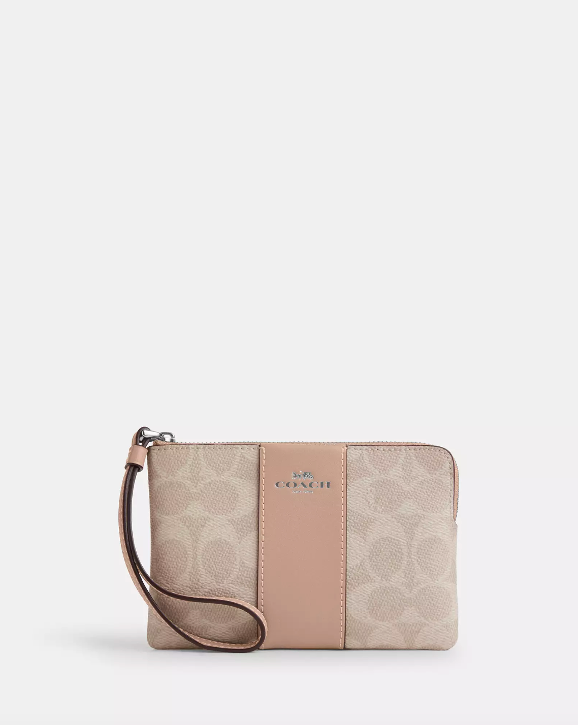 RM150 SAS YES (PRE-ORDER) Coach Corner Zip Small Wristlet In Signature With Stripe Silver Sand Taupe