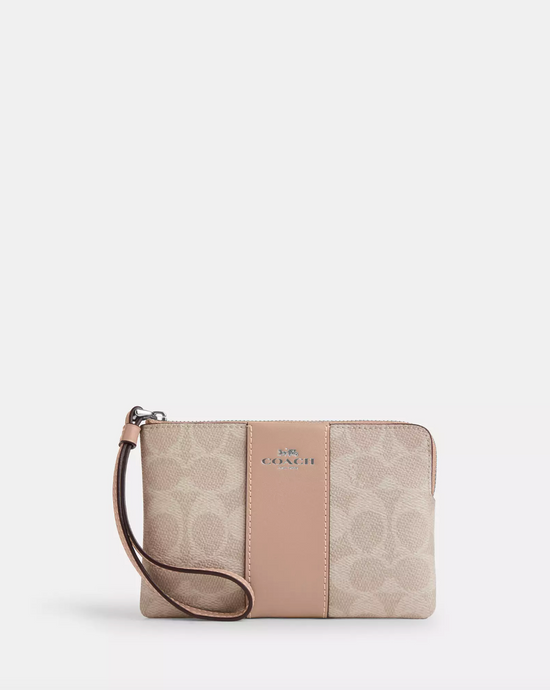 RM150 SAS YES (PRE-ORDER) Coach Corner Zip Small Wristlet In Signature With Stripe Silver Sand Taupe