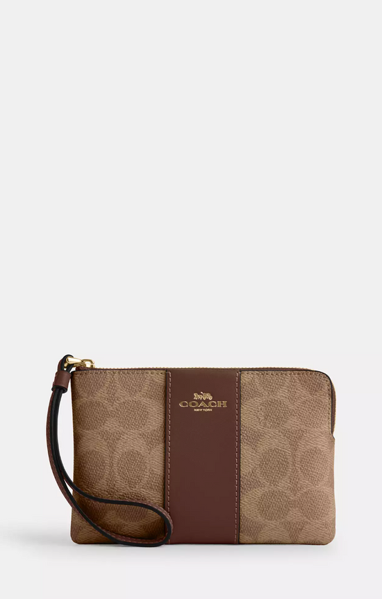 Coach Corner Zip Small Wristlet In Signature With Stripe Gold Tan Brown (Pre-Order)