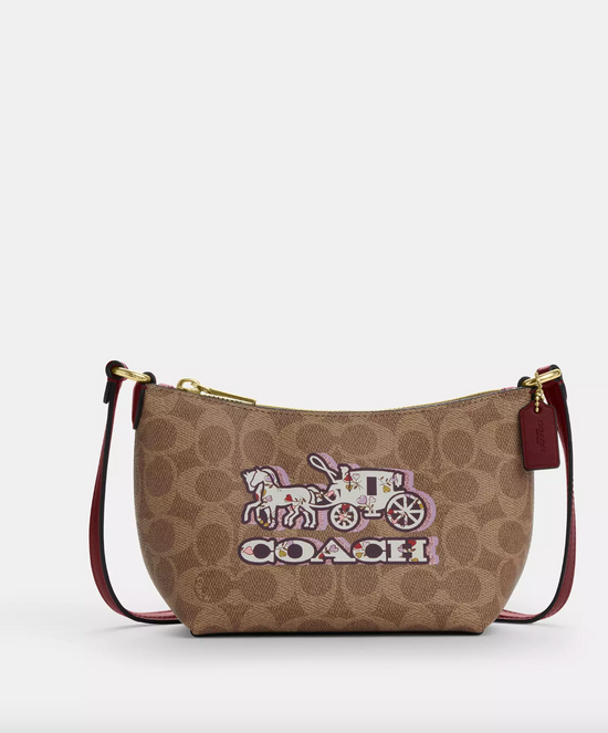 Coach Zip Top Crossbody Bag In Signature With Horse And Carriage Print Black Cherry