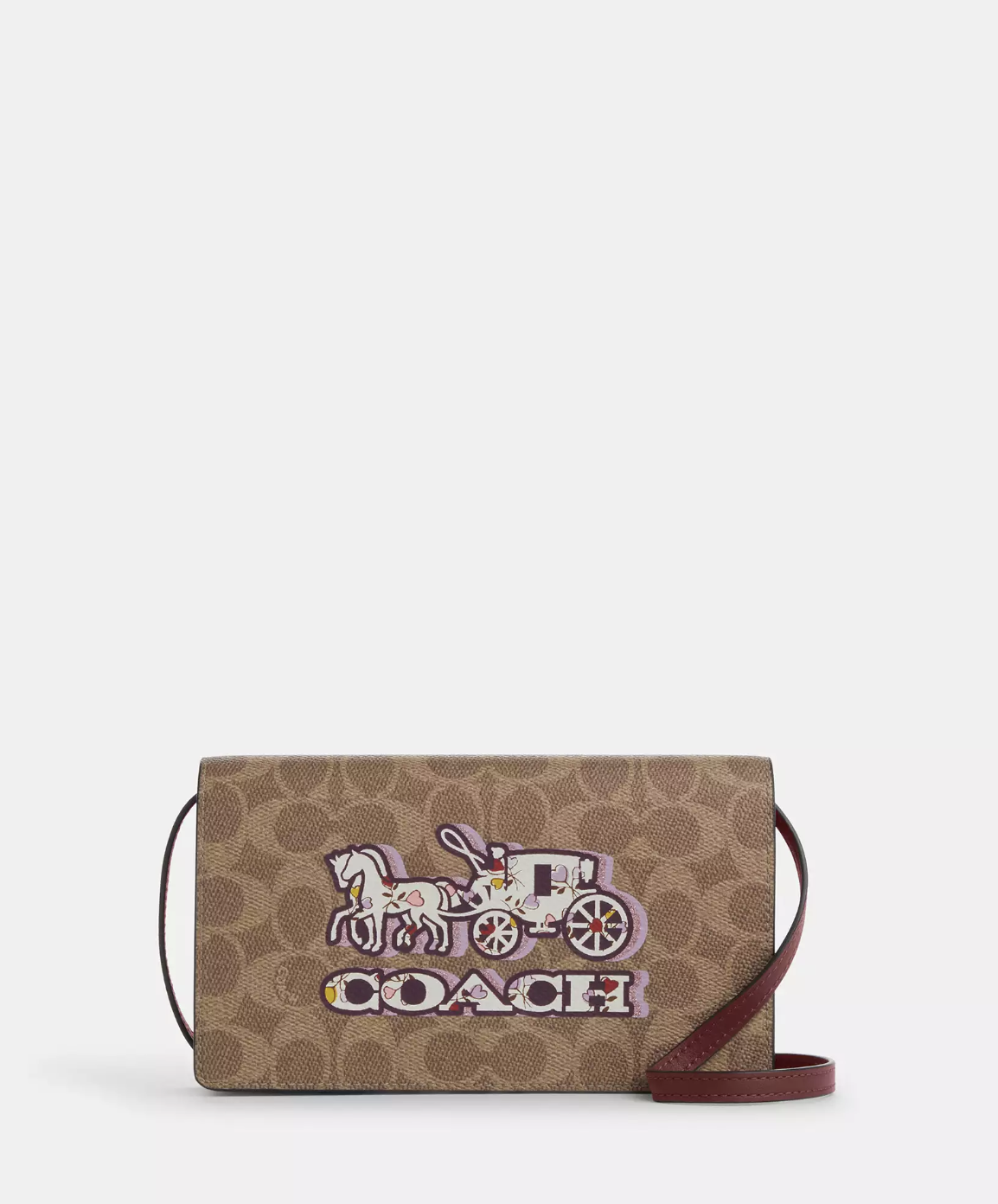 Coach Anna Foldover Clutch Crossbody Bag In Signature With Horse And Carriage Print Black Cherry