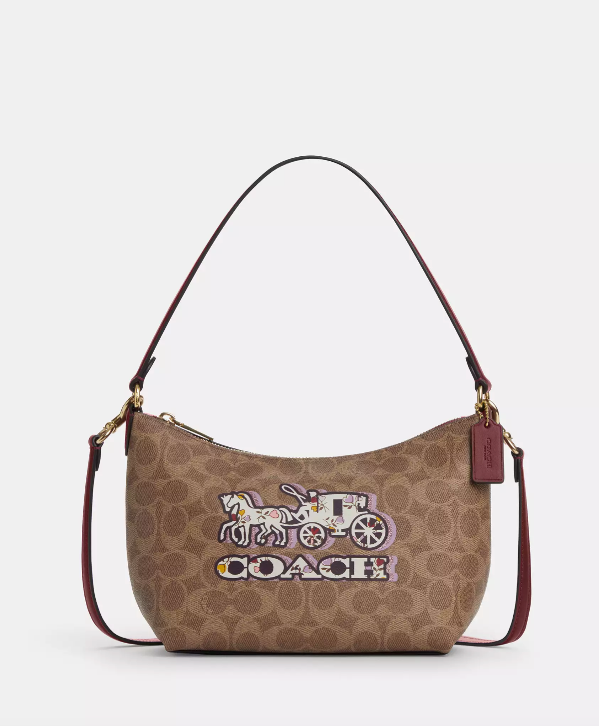 Coach Zip Top Shoulder Bag In Signature With Horse And Carriage Print In Black Cherry