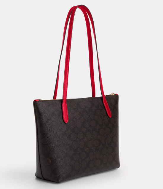 Coach Fiona Zip Tote Bag In Signature Walnut Bold Red (Pre-Order)