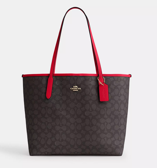 Coach City Tote Bag In Signature Walnut Bold Red (Pre-Order)