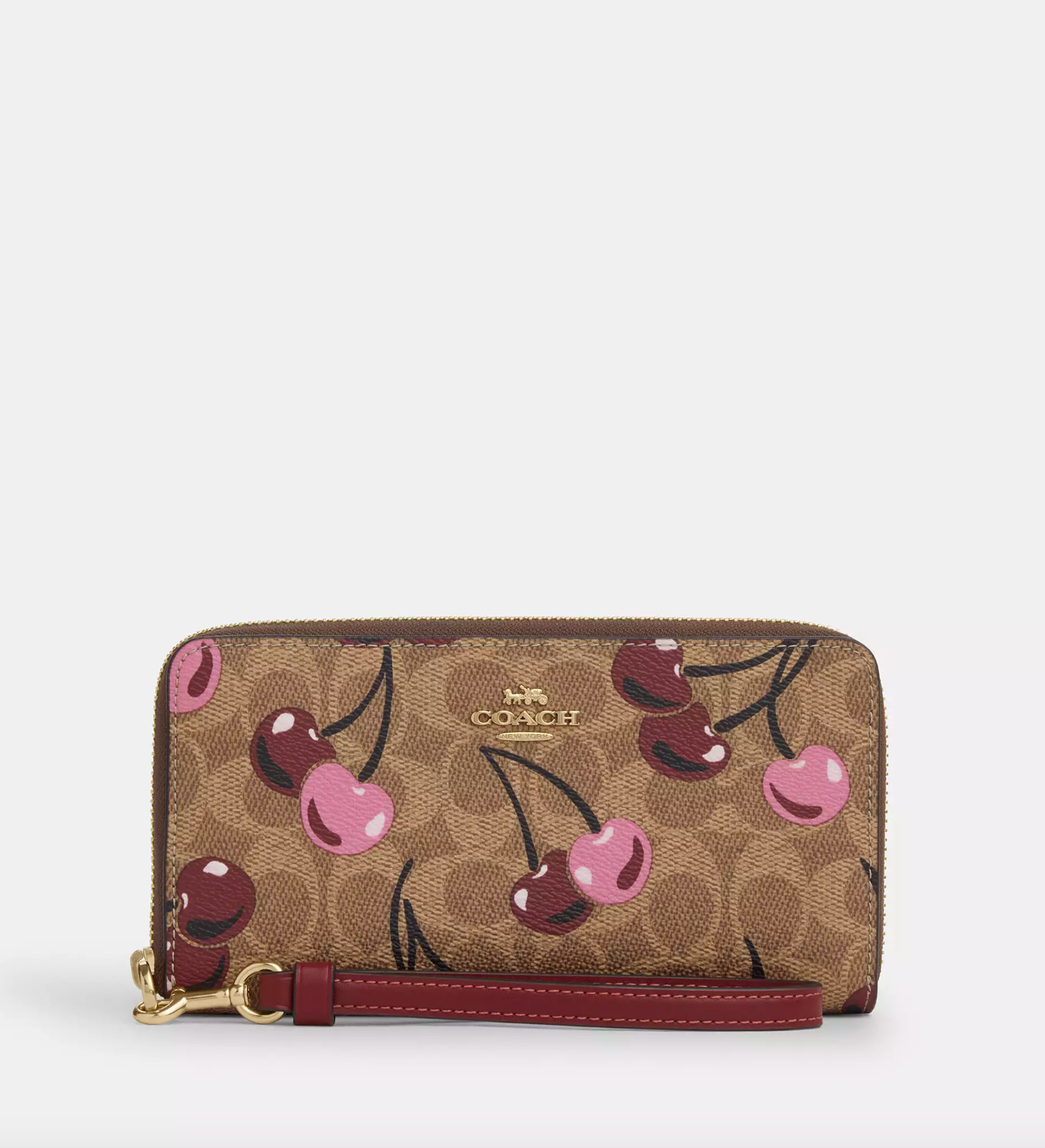 Coach Long Zip Around Wallet In Signature Canvas With Cherry Print Tan Multi (Pre-Order)