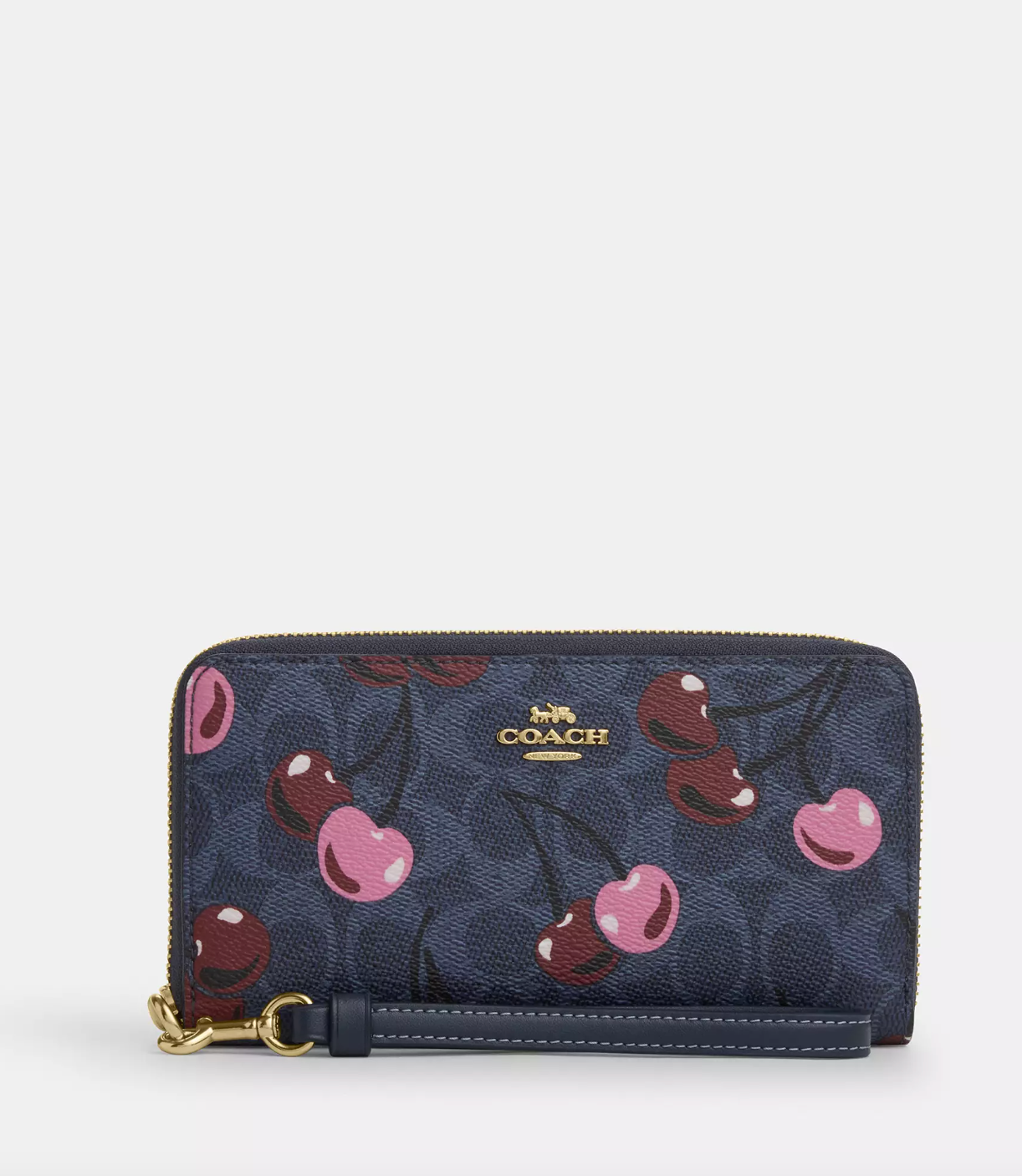 Coach Long Zip Around Wallet In Signature Canvas With Cherry Print Denim Multi (Pre-Order)