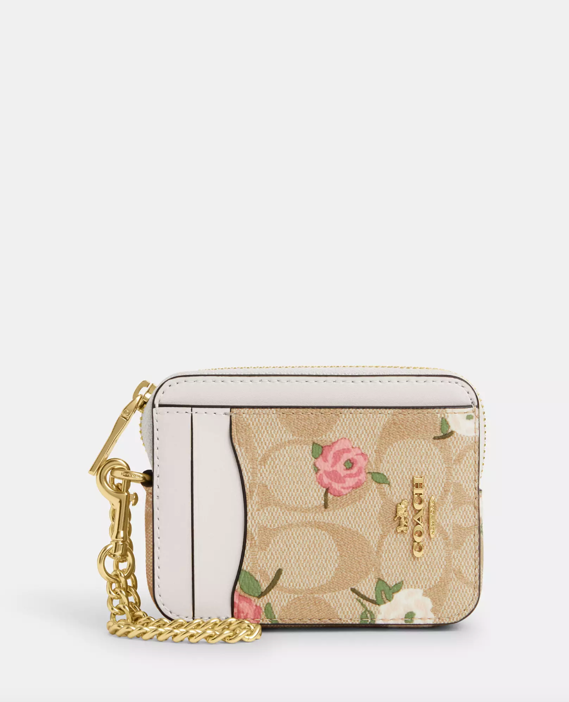 Coach Zip Card Case In Signature Canvas With Floral Print Light Khaki Chalk Multi (Pre-Order)