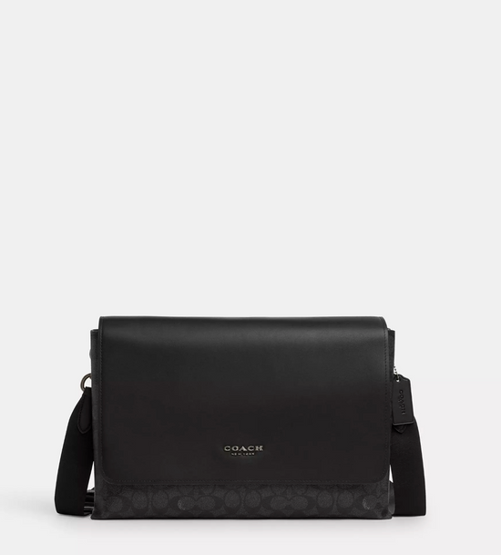 Coach Men Caleb Messenger Bag In Signature Charcoal Black (Pre-Order)