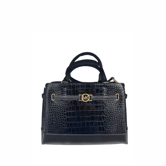 Michael Kors Reed Large Belted Croc Embossed Satchel In Black