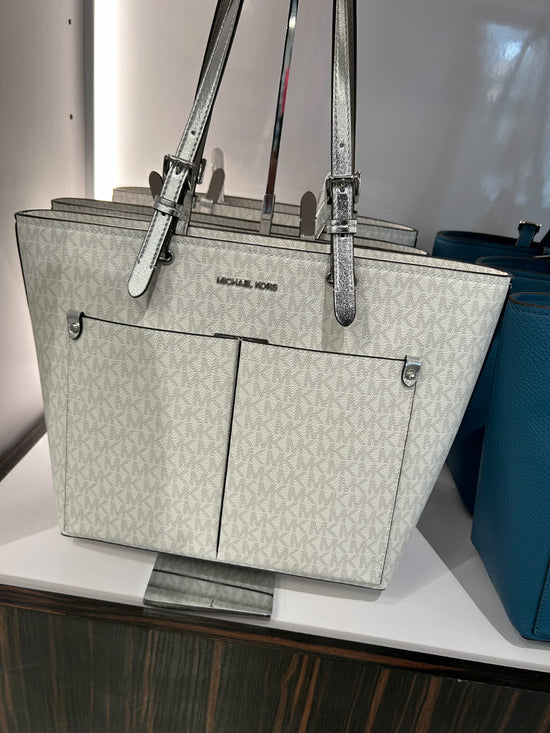 Load image into Gallery viewer, Michael Kors Medium Double Pocket Tote In Monogram Silver (Pre-Order)
