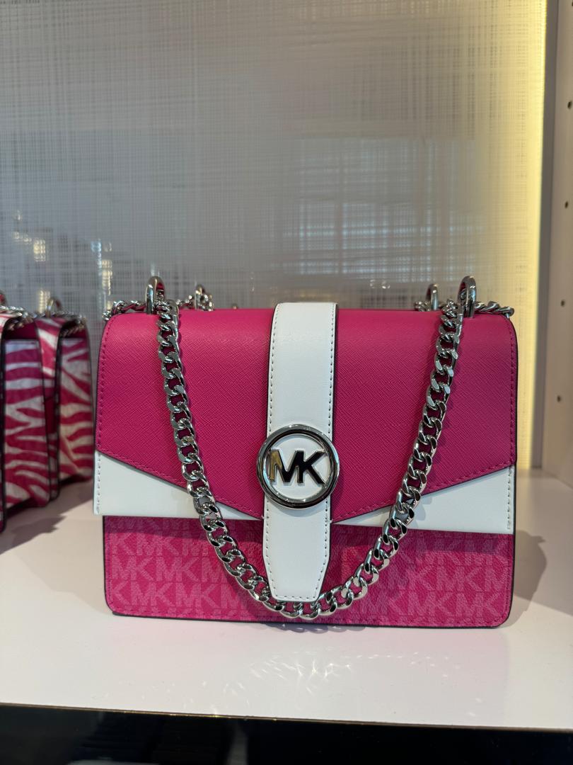 Michael Kors Greenwich Small Color-Block Logo and Saffiano Leather Crossbody Bag In Dragonfruit (Pre-Order)