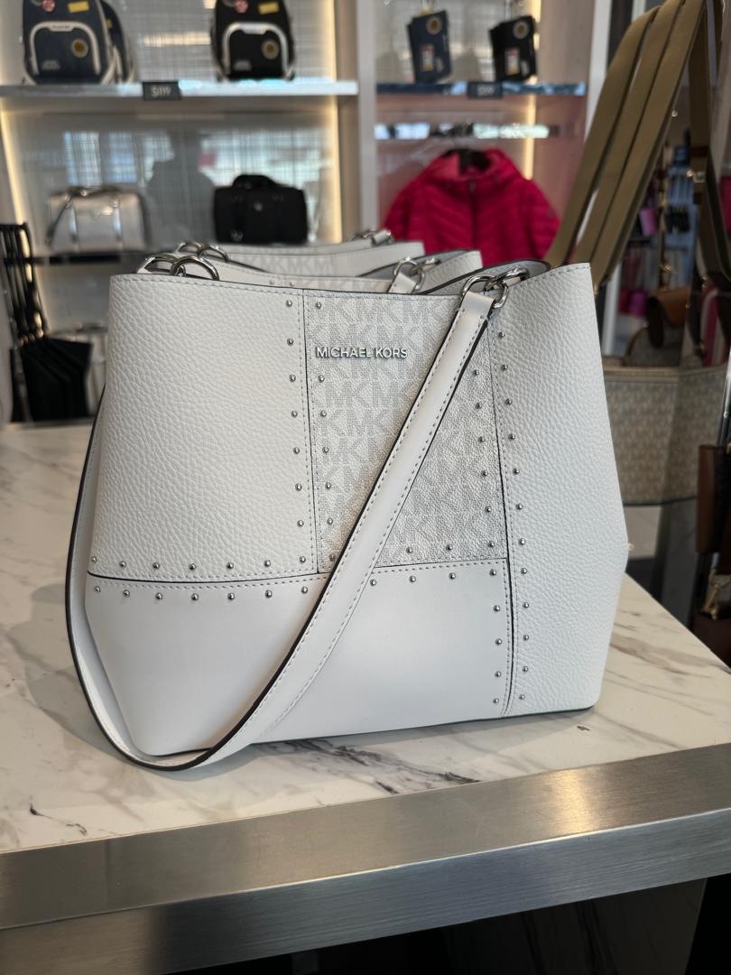 Michael Kors Pratt Medium Studded Patchwork and Signature Logo Shoulder Bag In Optic White (Pre-Order)