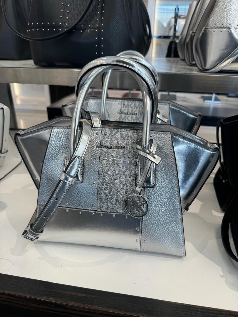 Michael Kors Avril Small Metallic Studded Patchwork and Signature Logo Satchel In Silver (Pre-Order)