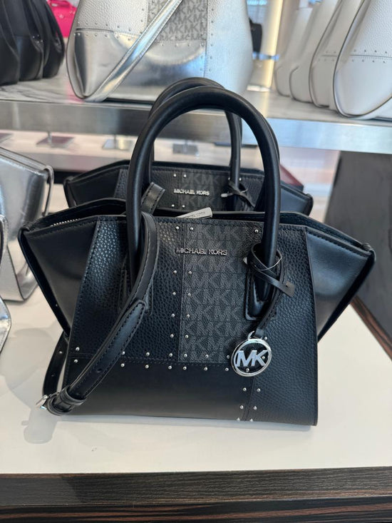 Michael Kors Avril Small Studded Patchwork and Signature Logo Satchel In Black (Pre-Order)