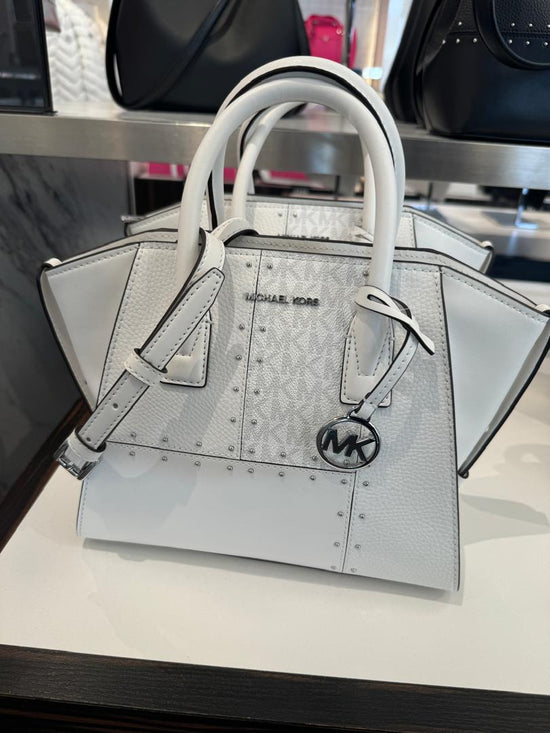 Michael Kors Avril Small Studded Patchwork and Signature Logo Satchel In Optic White (Pre-Order)