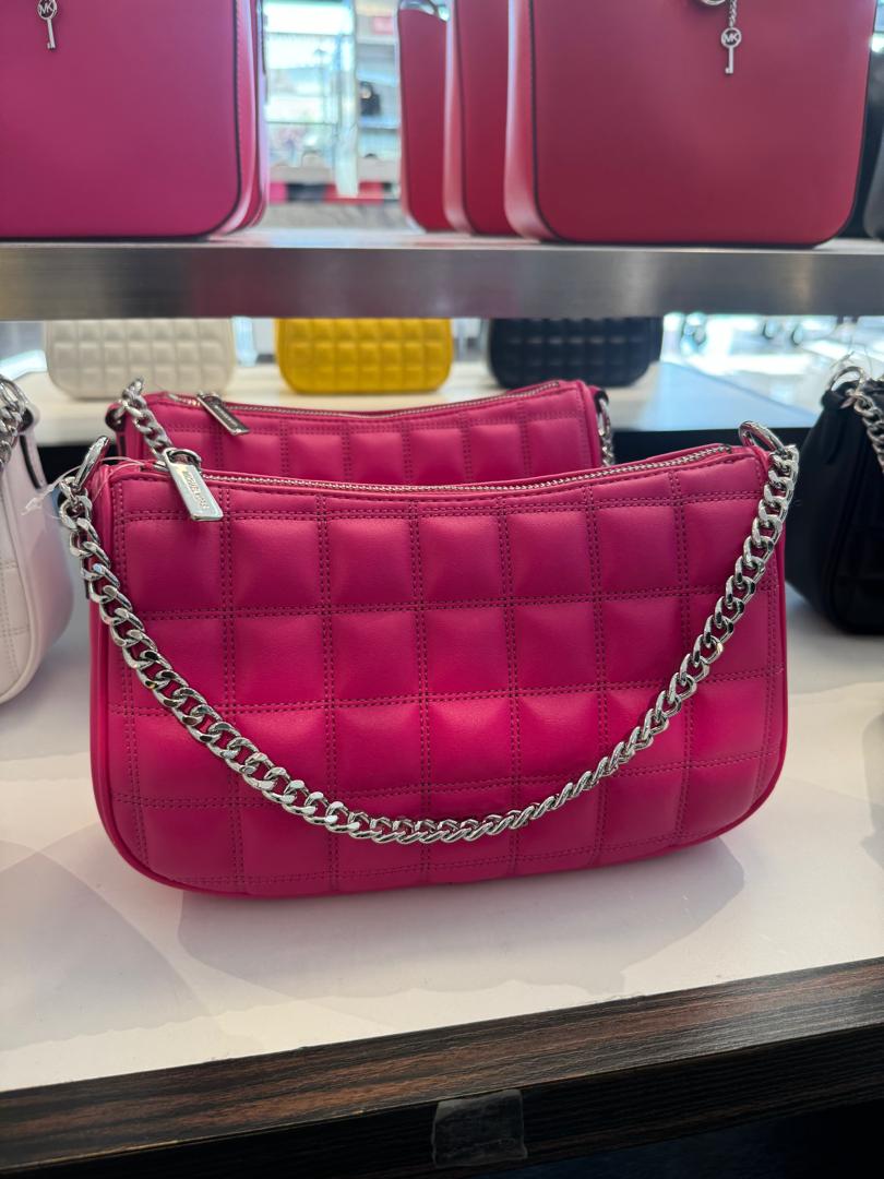 Michael Kors Carmela Medium Quilted Pouchette In Leather Dragonfruit (Pre-Order)