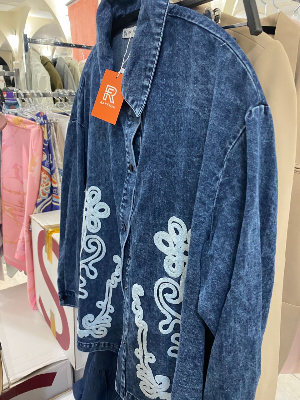 Raffida Denim Floral Oversized Blouse In Blue Denim