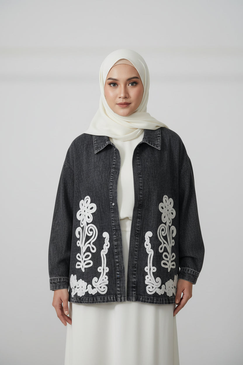 Raffida Denim Floral Oversized Blouse In Black