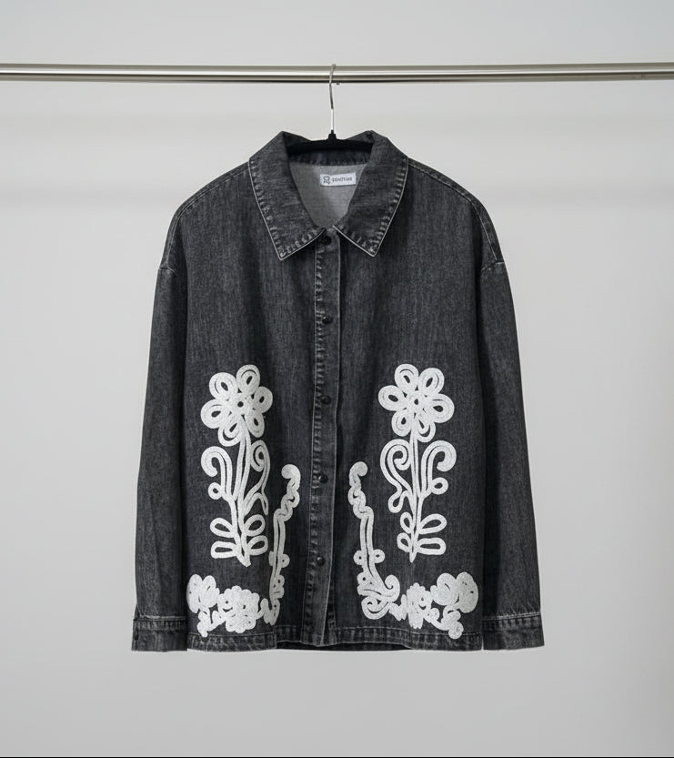 Raffida Denim Floral Oversized Blouse In Black