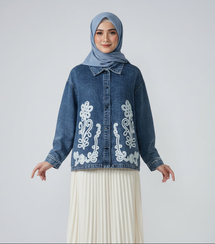 Raffida Denim Floral Oversized Blouse In Blue Denim