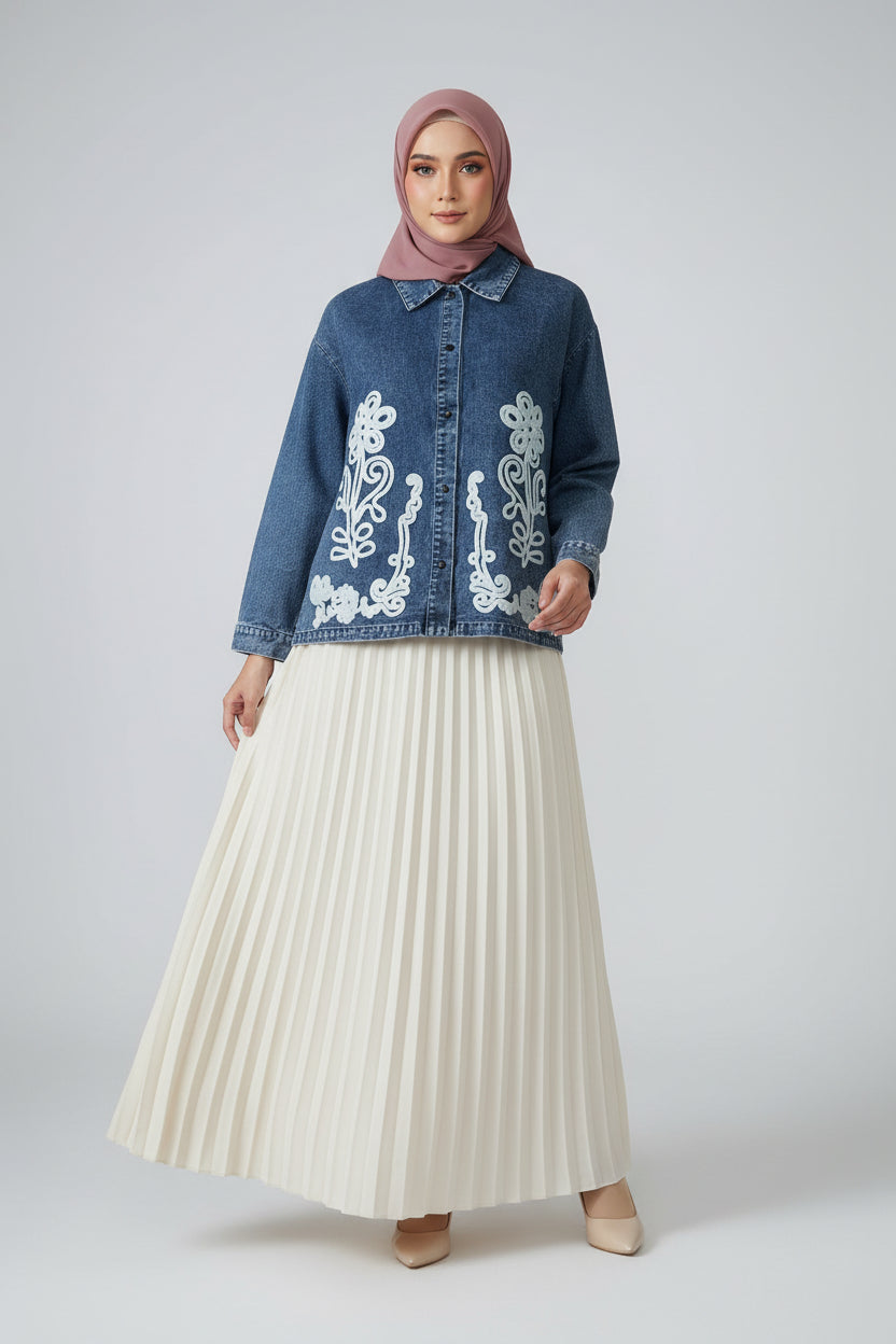 Raffida Denim Floral Oversized Blouse In Blue Denim